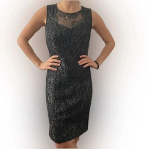 Black &  Silver Floral Mesh Sophia Fitted Cocktail New's Year Dress Size M